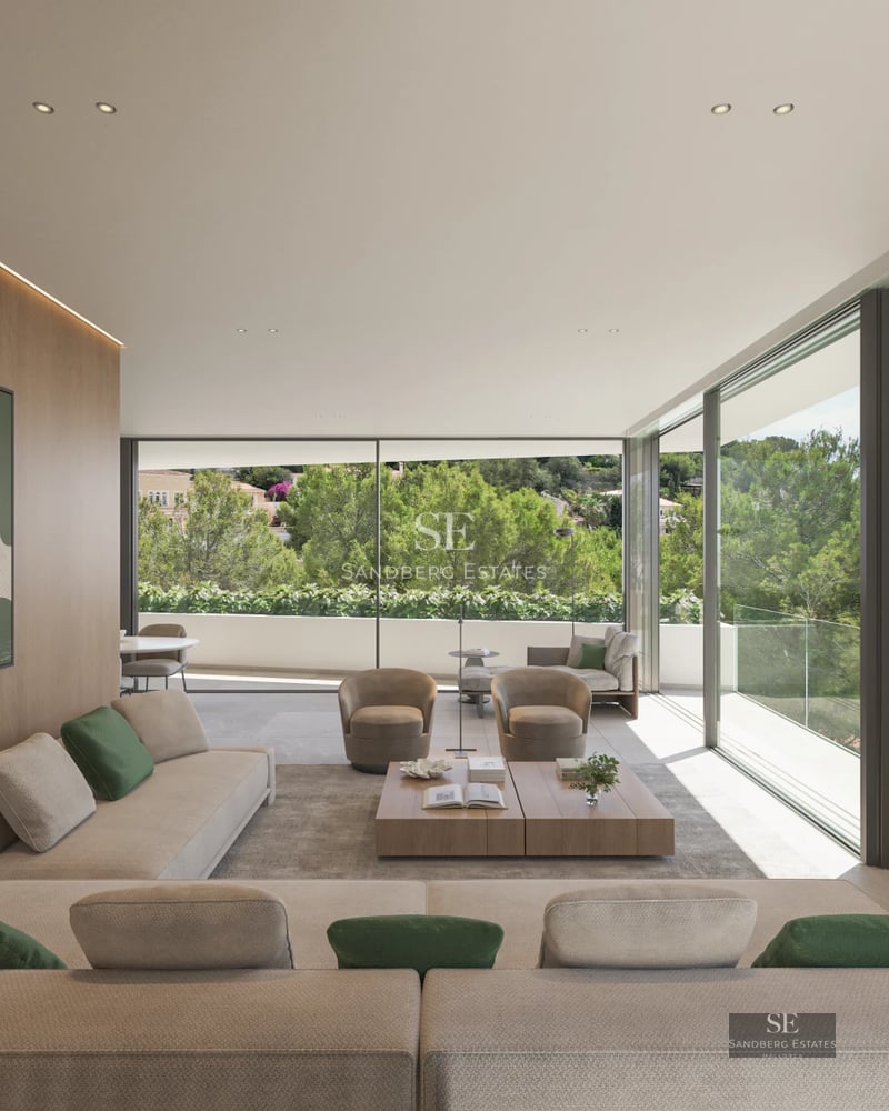 Exterior view of a modern home with a pool, large garden, and minimalist architecture. Stone facade and large windows.
