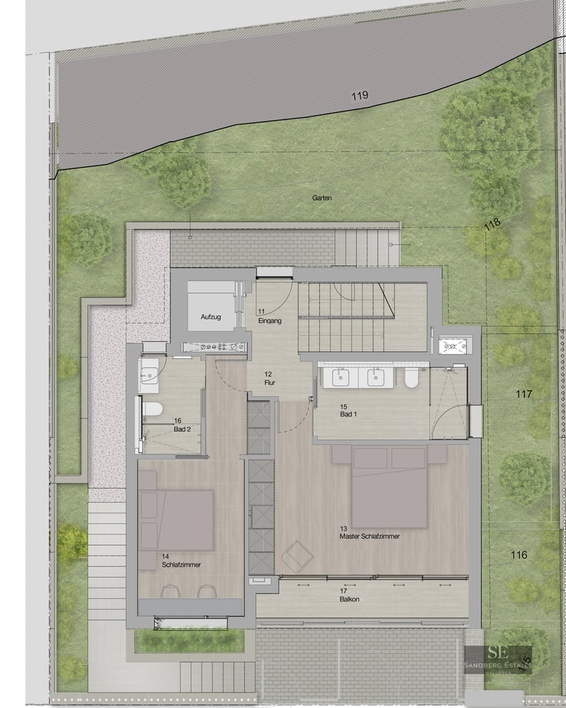 Detailed architectural floor plan showing two bedrooms, bathrooms, and surrounding garden area.