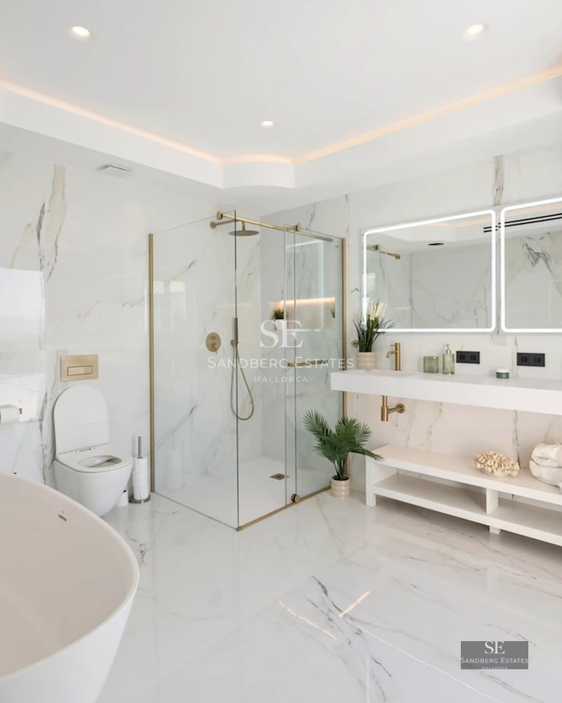 Exterior view of a modern villa with a pool, lush garden, and minimalist architecture. Large windows and elegant design.