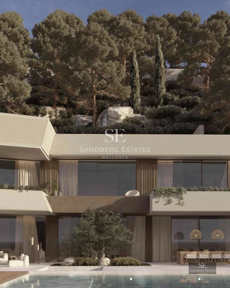 Exterior view of a luxury villa featuring an infinity pool, lush garden, and panoramic sea views. Modern and elegant architecture.