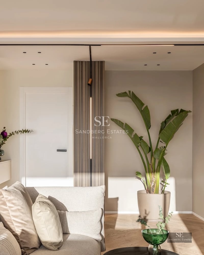 Exterior view of a modern house with a pool, lush garden, and large windows. Minimalist architecture and elegant landscaping.