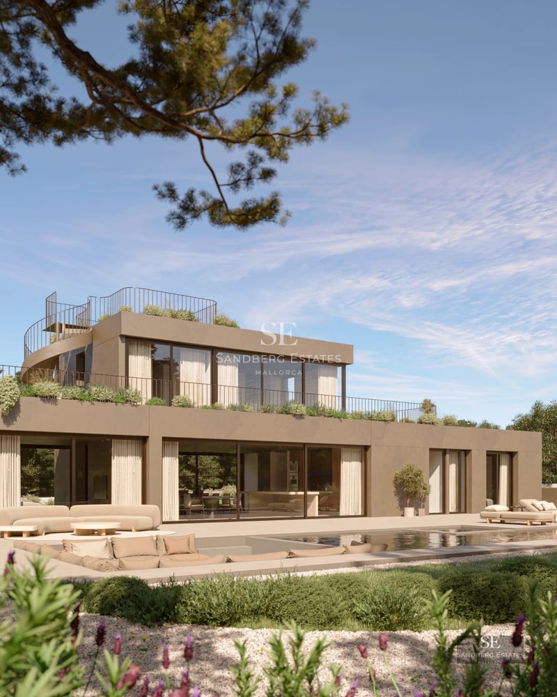 Exterior view of a modern villa with a pool and lush garden. Minimalist architecture, large windows and manicured landscaping.