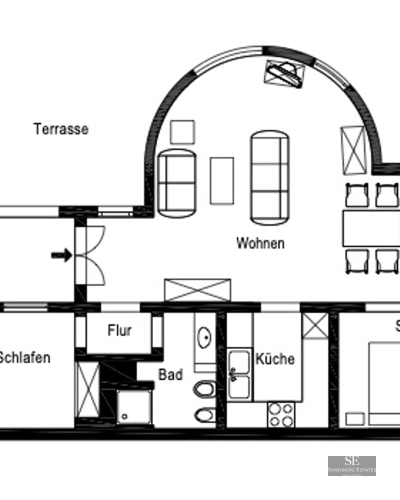 Black and white 2D architectural floor plan of an apartment featuring a circular living area and two bedrooms.