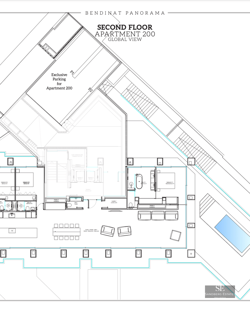 Architectural floor plan of a luxury 3-bedroom apartment with a large terrace and private pool.