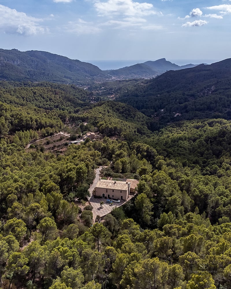 Aerial view of a private villa surrounded by dense green forest in a mountainous valley with a distant sea view.