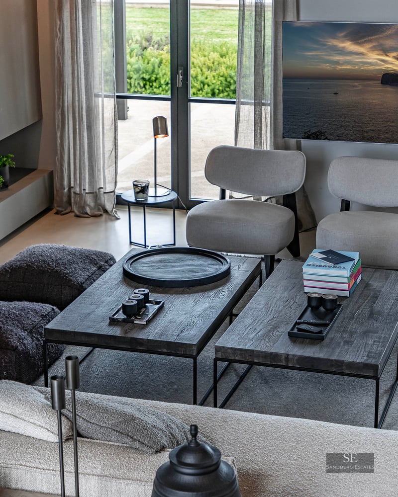 High-angle view of a luxury living room with grey seating, dark wood coffee tables, linear fireplace, and garden window.