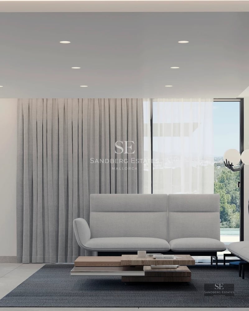 Exterior view of a luxurious villa with a pool, garden, and terrace. Modern architecture, clean lines, large windows, and manicured landscaping.