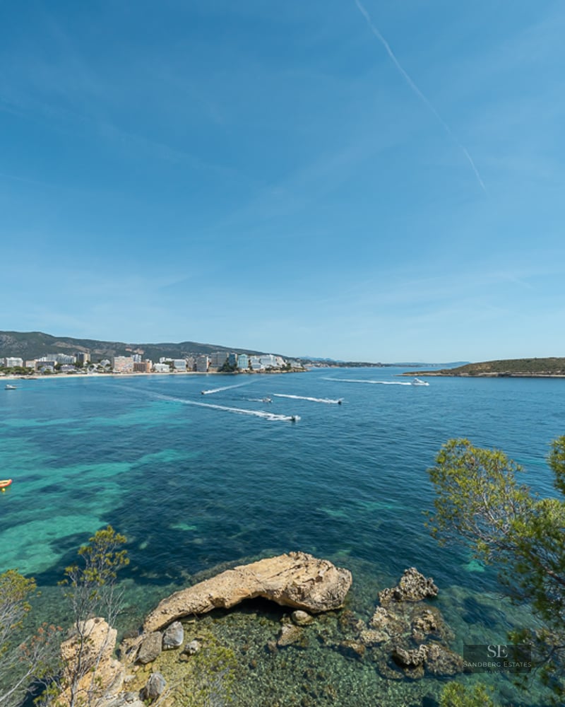 View of a turquoise bay with boats, framed by pine trees and a coastal town in the background.
