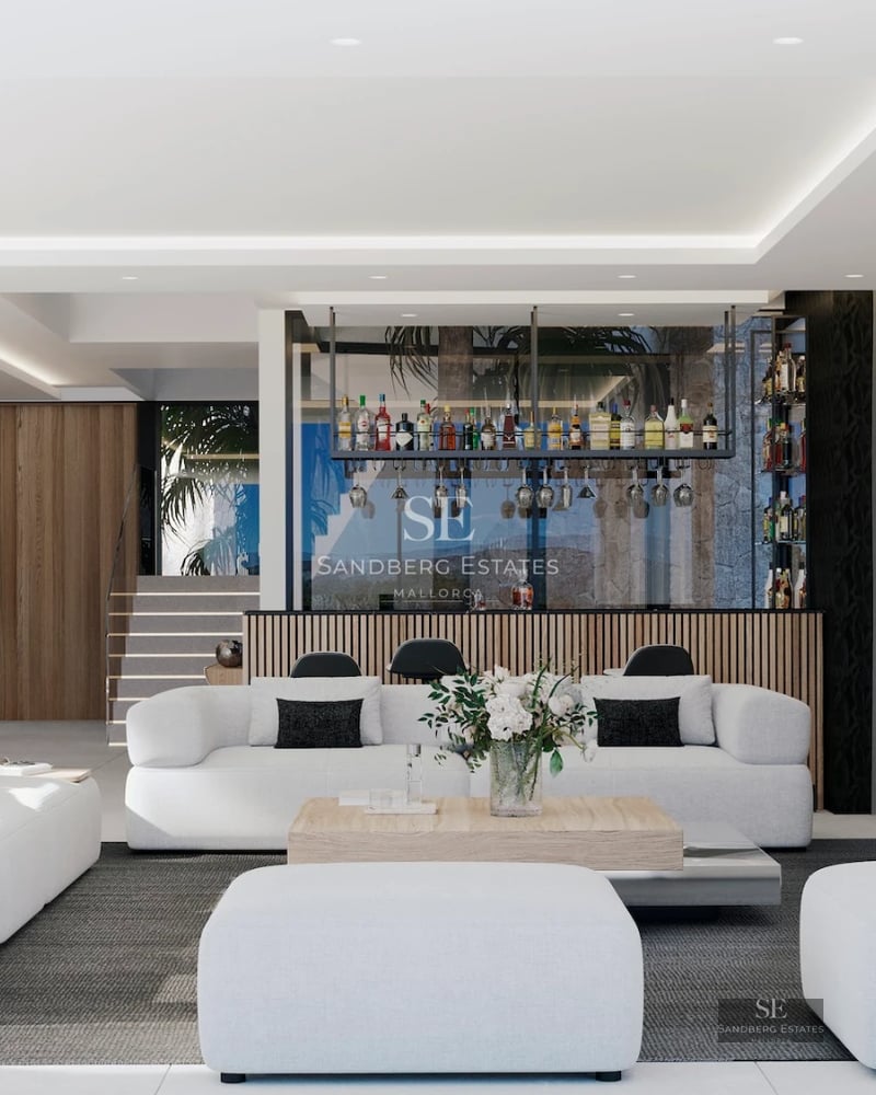 View of an elegant swimming pool surrounded by a lush garden. Modern architecture with large windows and luxury finishes.