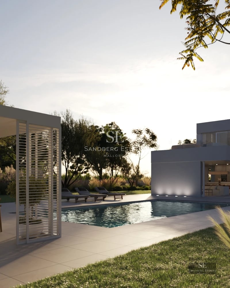 Modern facade with infinity pool and large windows. Minimalist architecture and manicured landscaping.