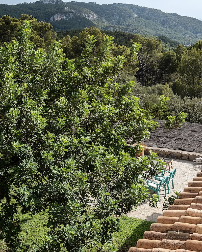 Terracotta roof overlooking a stone patio with teal chairs, surrounded by lush trees and distant mountains under a clear sky.