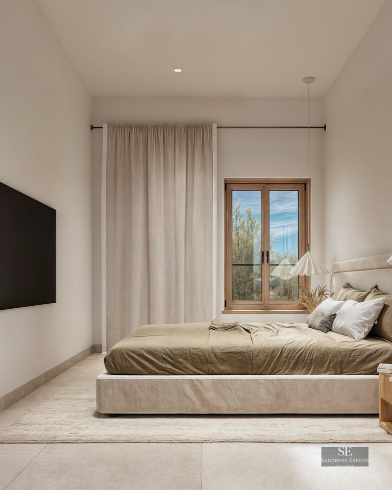 A minimalist bedroom with an upholstered bed, wooden side table, pendant lights, and natural light from a window.