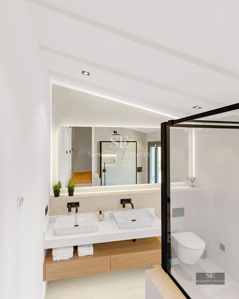 Pool view with sleek design, modern loungers, and lush greenery. Minimalist facade with large windows.