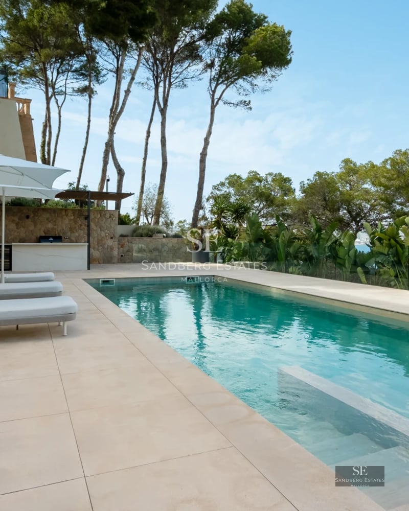 Exterior view of a modern house with infinity pool, surrounded by greenery. Architectural design features large windows and a terrace.