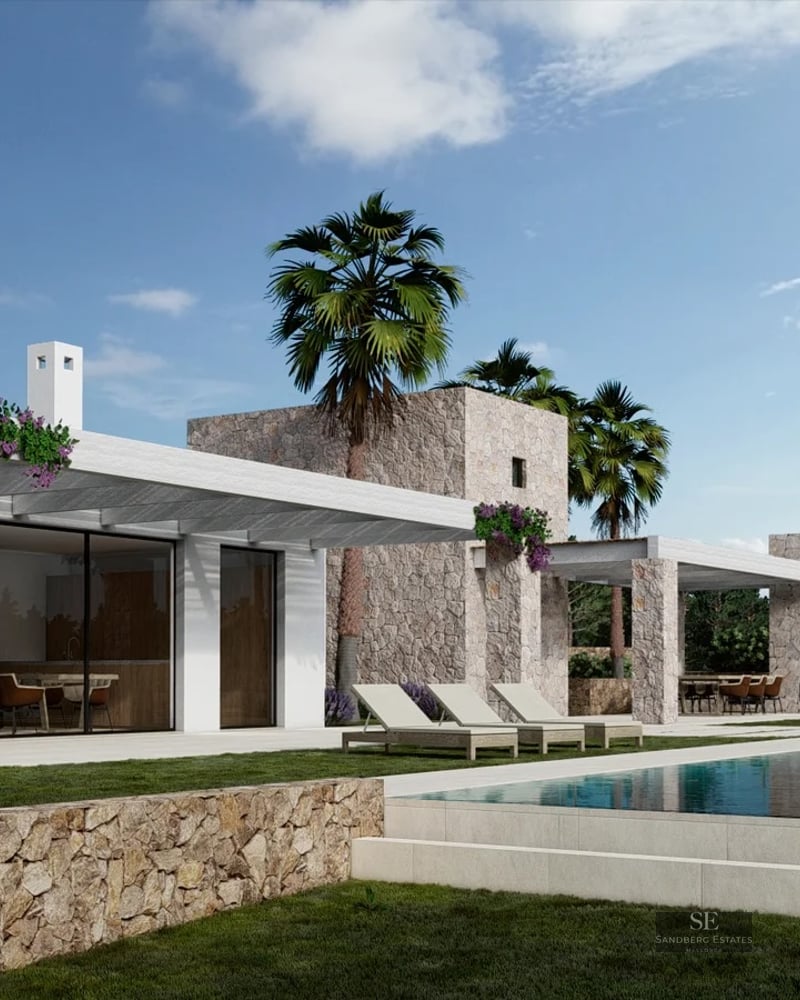 Modern stone and white villa with a long swimming pool, sun loungers, and palm trees under a blue sky.
