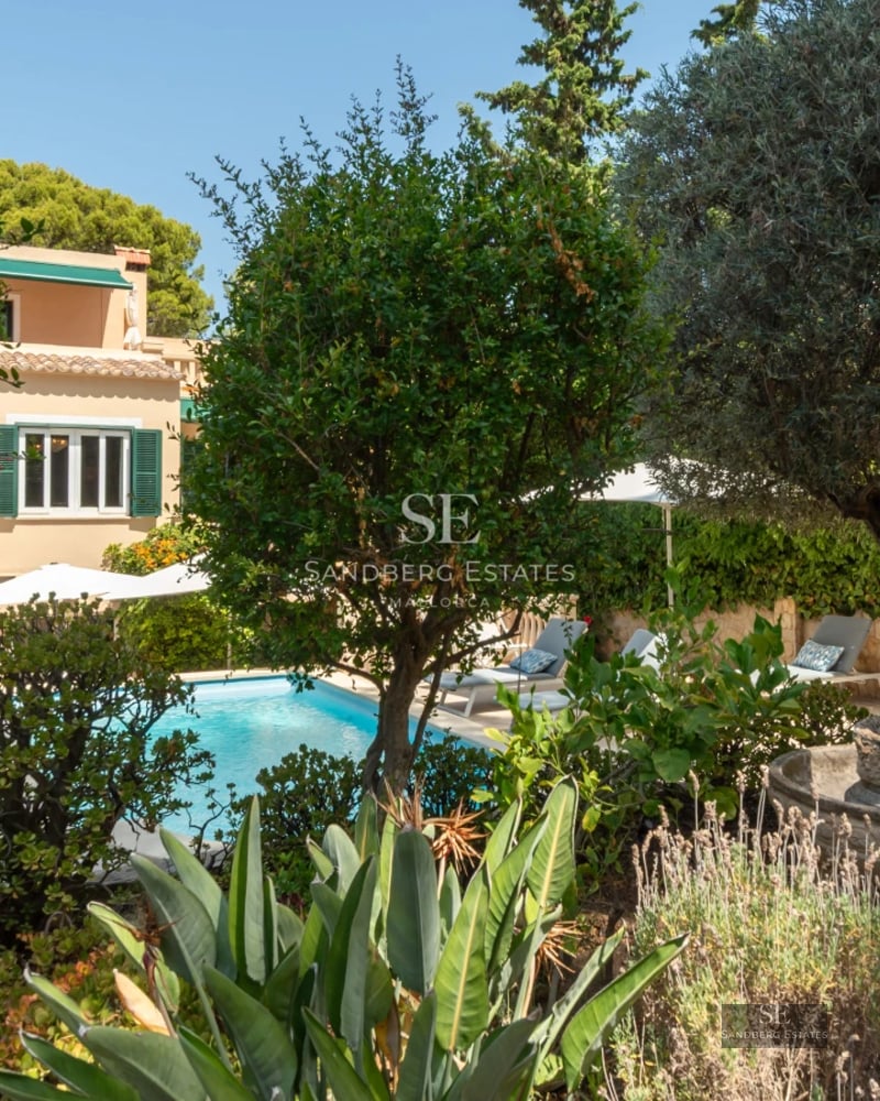 Exterior view of a modern villa featuring a pool, expansive terraces, large windows, and lush vegetation. Minimalist and elegant design.