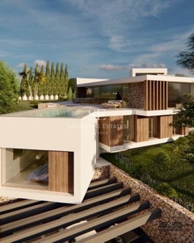 Modern villa exterior with infinity pool, lush garden, and spacious terraces. Minimalist design and panoramic views.