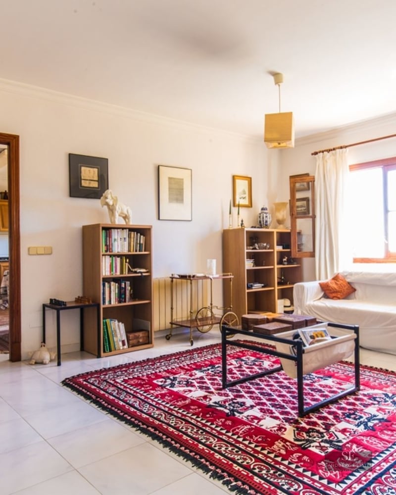 Bright living room with white sofas, red patterned rug, bookshelves, and wood accents leading to a kitchen area.
