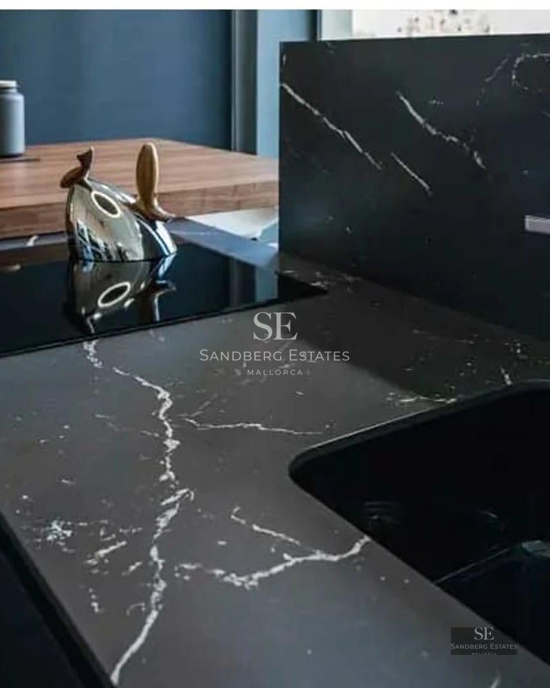 Panoramic view of a luxury villa featuring a pool, lush garden, and modern architecture. Elegant design with natural lighting.