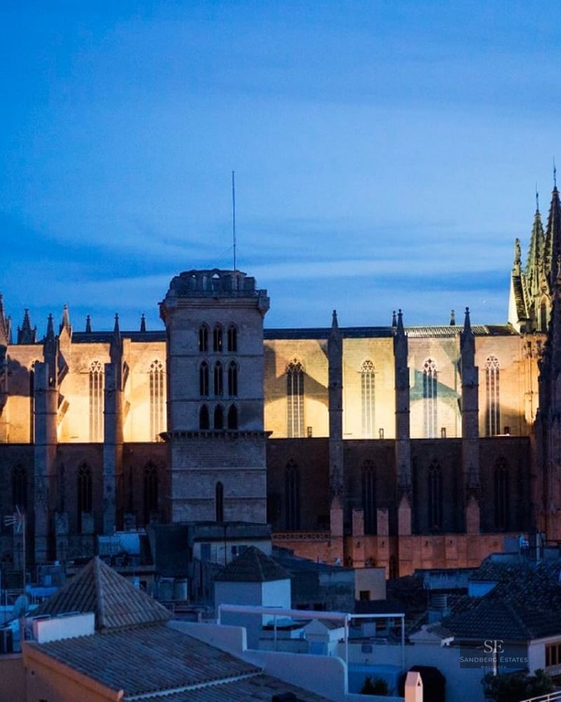 A majestic Gothic cathedral illuminated in warm light against a deep blue night sky over urban rooftops.