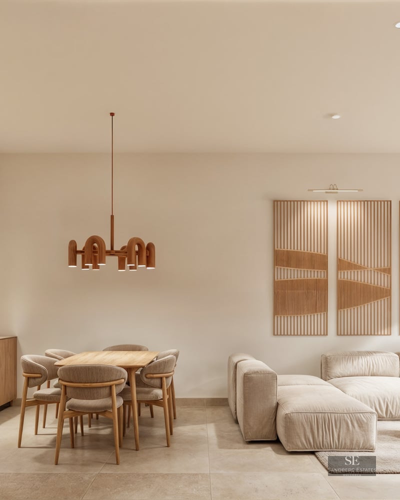 A spacious modern living area with a modular sofa, wooden dining set, and integrated kitchen in neutral tones.