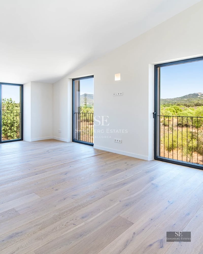 Exterior view of a modern villa with pool, garden area, and large windows. Minimalist and elegant design.