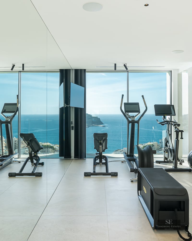 Modern home gym with professional equipment and floor-to-ceiling windows overlooking the blue Mediterranean sea.