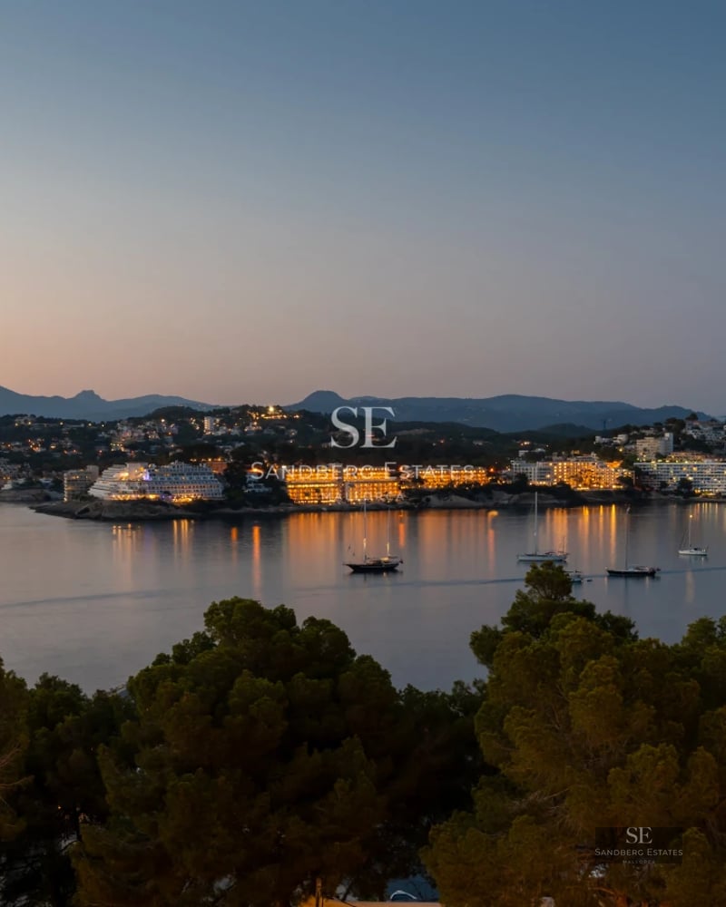Exterior view of a modern villa with a turquoise pool, surrounded by greenery and with ample relaxation and sunbathing areas.