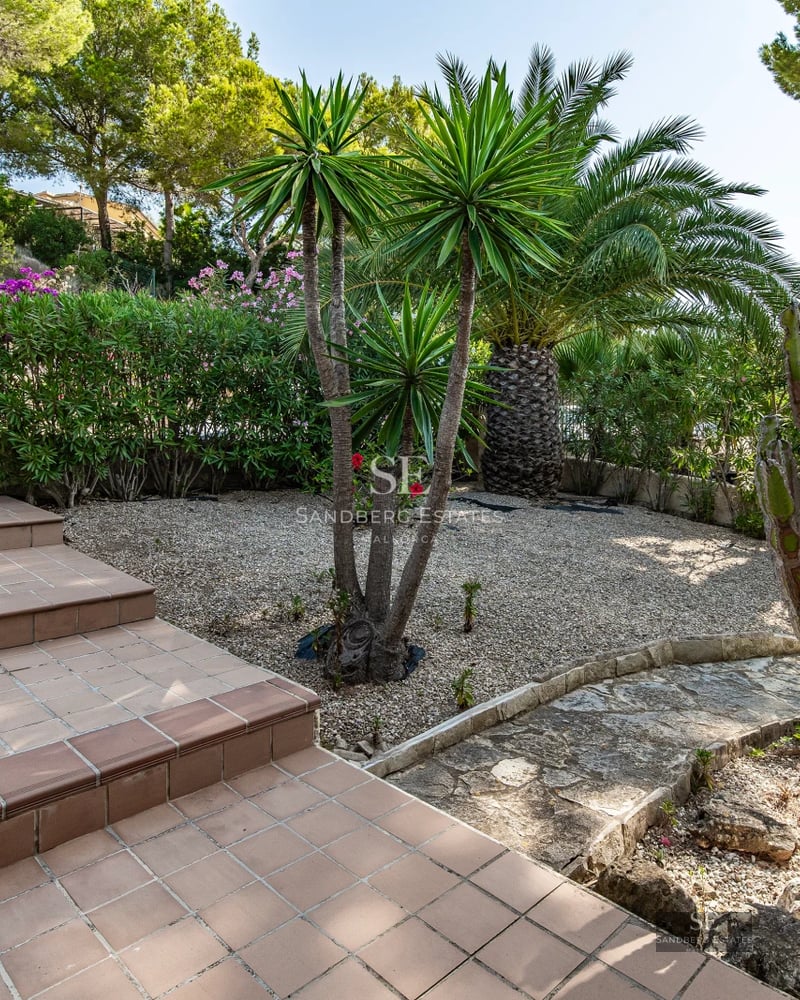 Exterior view of a luxurious modern villa with infinity pool, lush garden, and large terraces. Minimalist architecture, large windows.