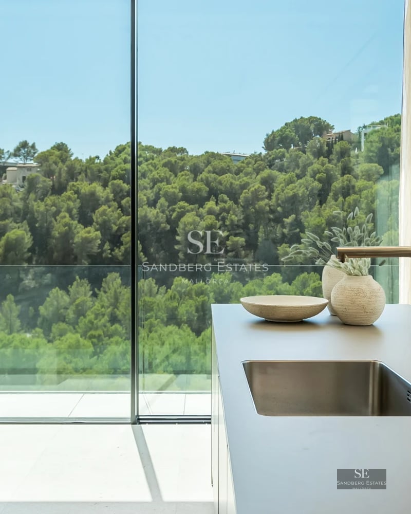 Exterior view of a modern villa with an infinity pool, large windows, and minimalist design. Lush garden and blue sky.