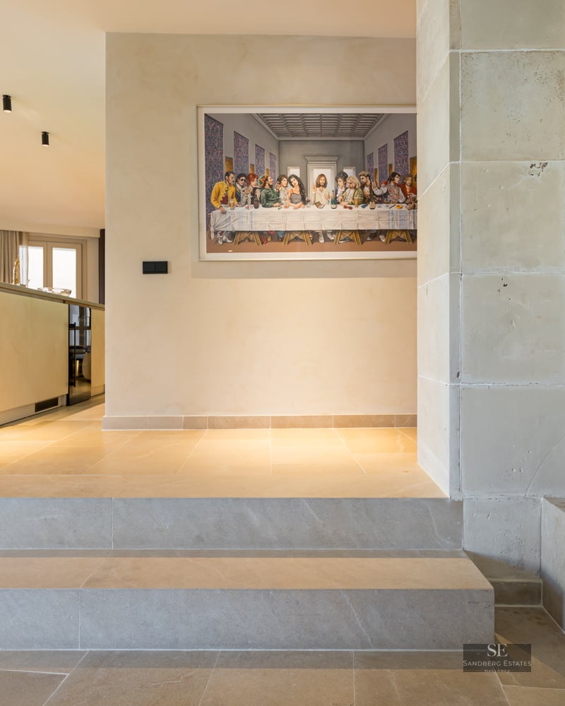 Interior entrance featuring stone steps, a rustic stone arch, and a modern kitchen in the background.