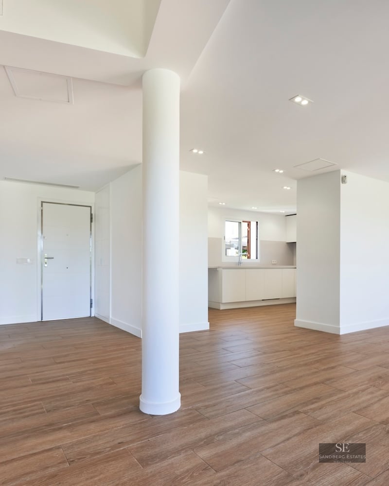 Open plan interior space with wood floors, white pillars, stone stairs, and a white entrance door.