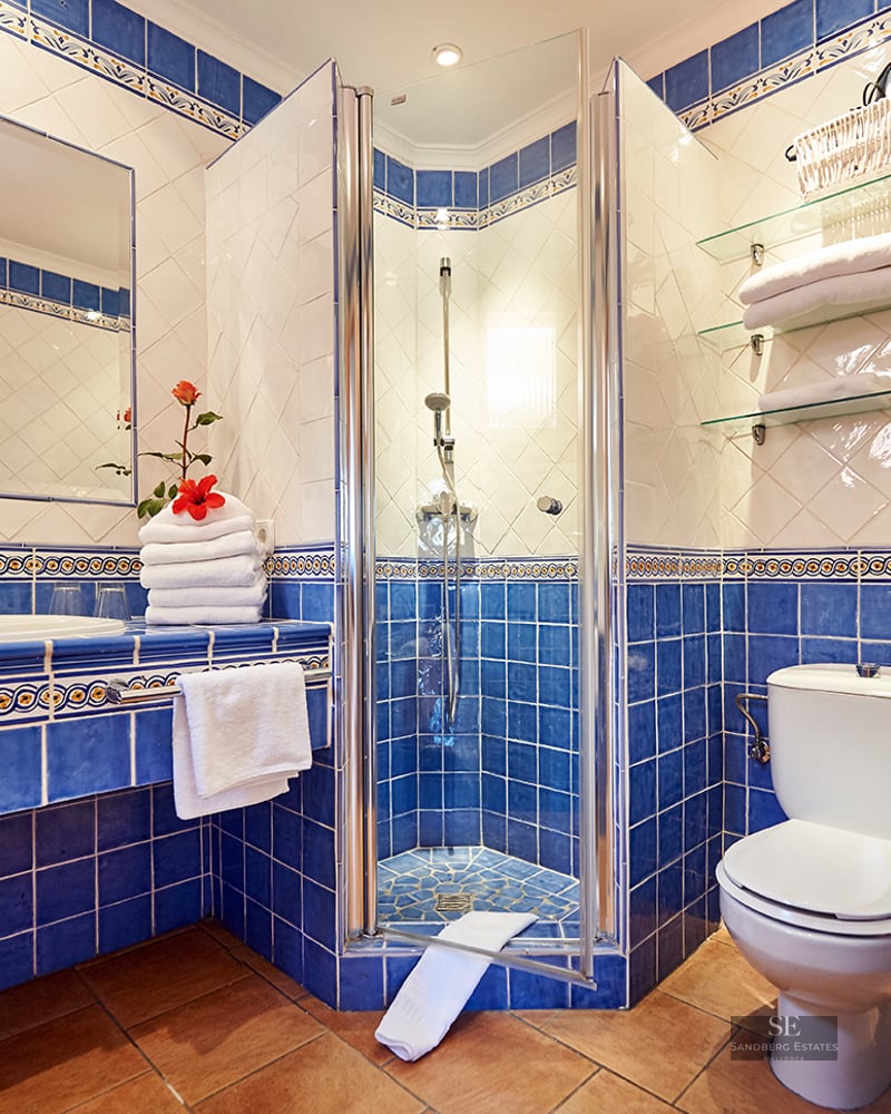 Bathroom featuring blue and white tiles, glass shower enclosure, terracotta floor, and large mirror.