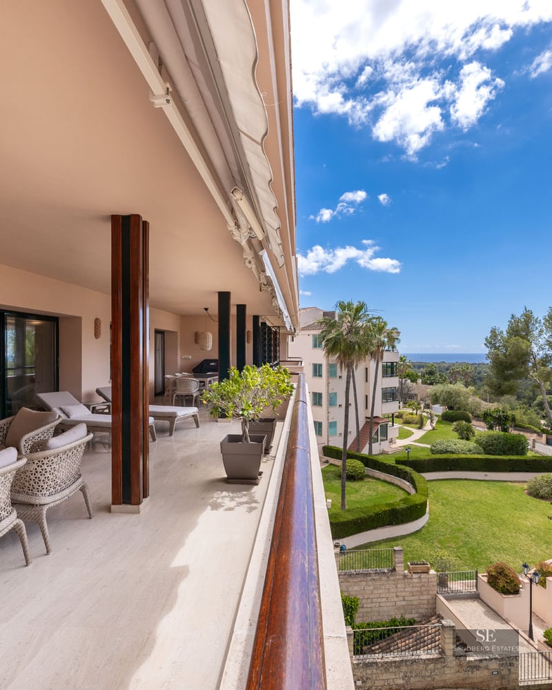 Grande terrasse couverte avec mobilier en osier surplombant un jardin avec palmiers et la mer sous un ciel bleu.