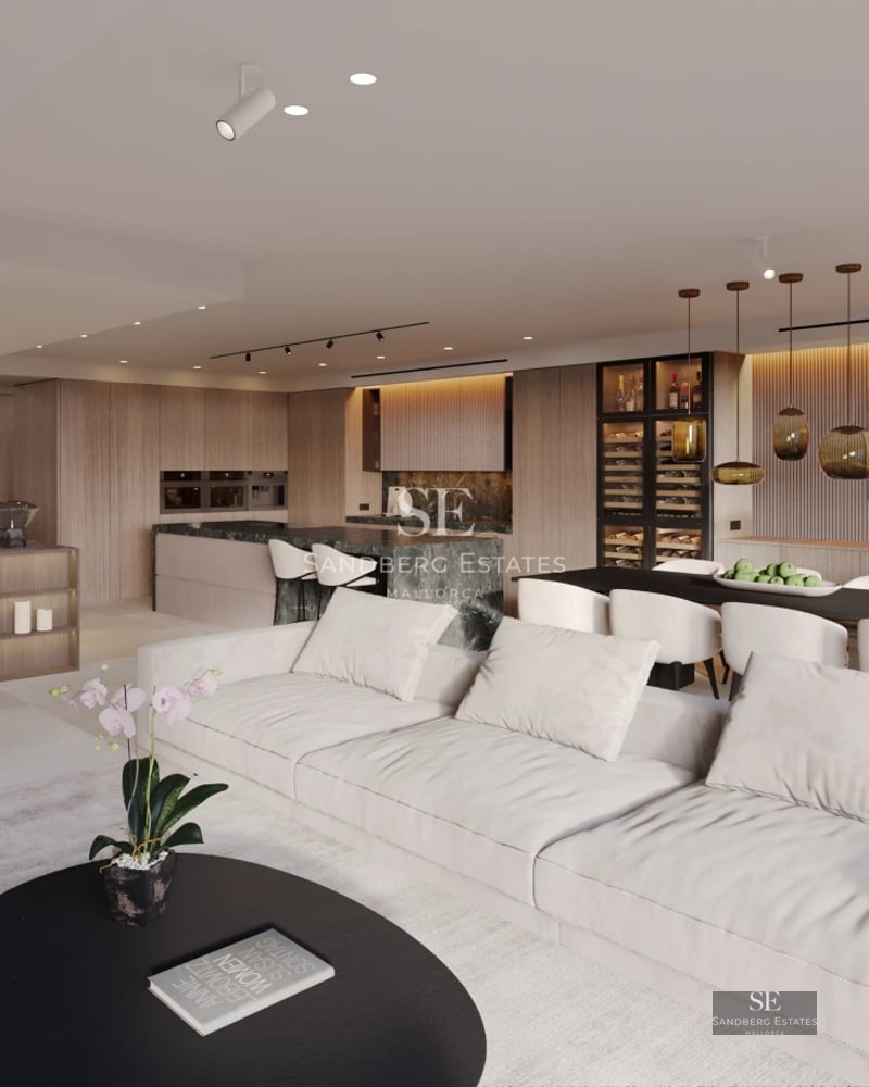 Modern interior with natural light: light wood floor, white walls, gray sofa, large window, coffee table, and minimalist decor.