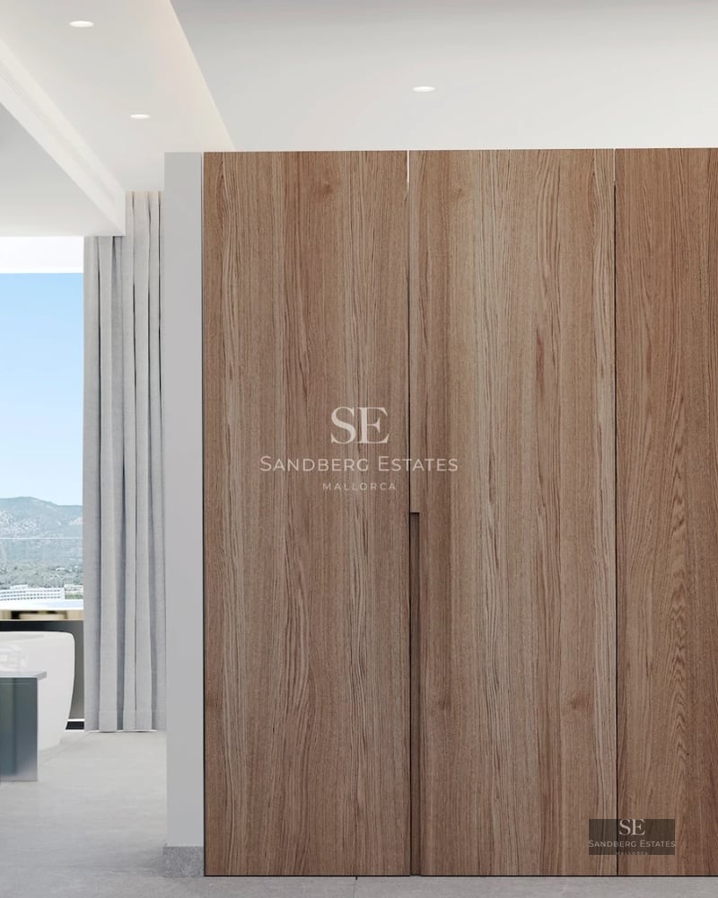 Exterior view with pool, sun loungers, umbrellas, and a modern house with large windows. Lush garden and blue sky.