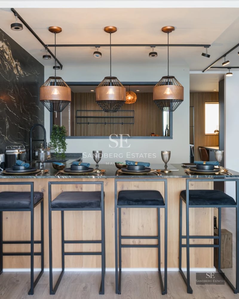 View of pool, terrace, and garden. Modern architecture with large windows and lush greenery. Landscaping design.