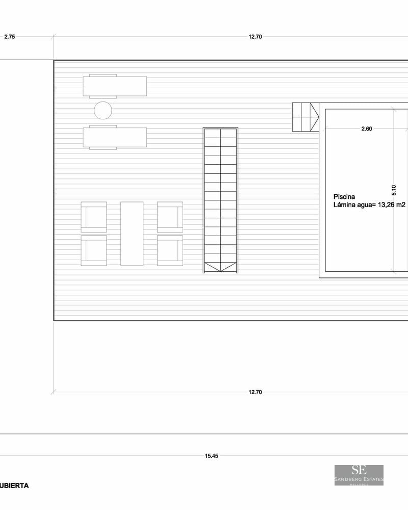 Technical architectural plan of a rooftop terrace showing a pool, lounge area, and sunbeds with dimensions.