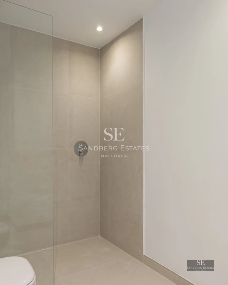 Exterior view of a modern house with a pool, garden and minimalist design. Large windows reflect the blue sky.