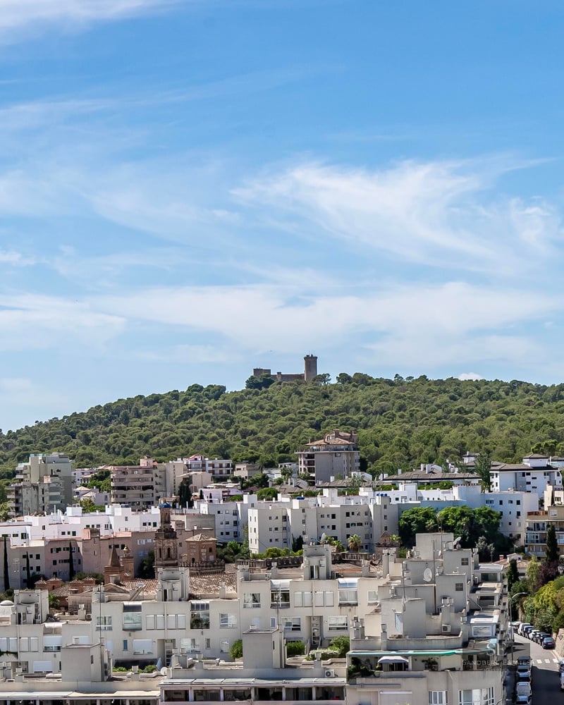 Panoramic view of Palma featuring white buildings and the historic Bellver Castle on a lush green hill.