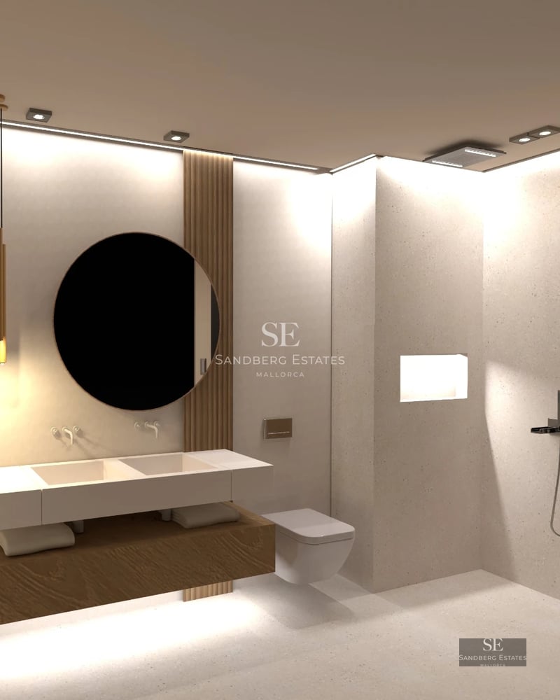 Exterior view of a modern villa with an infinity pool, lush garden, and minimalist architectural design. Soft lighting.