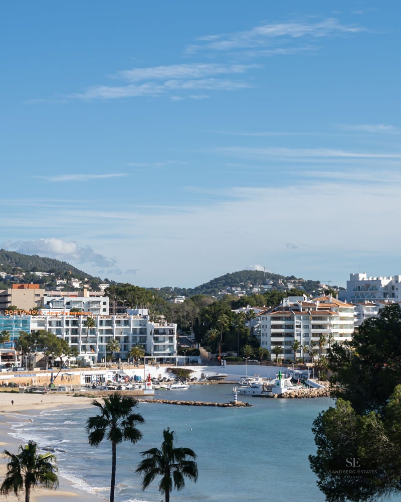 Vue dégagée sur une ville côtière avec des bâtiments blancs, une plage de sable, des palmiers et un petit port sous un ciel bleu.