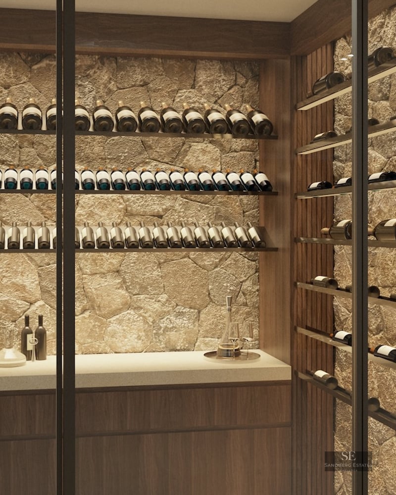 Glass-enclosed wine cellar featuring a natural stone back wall, dark wood shelving, and rows of wine bottles.
