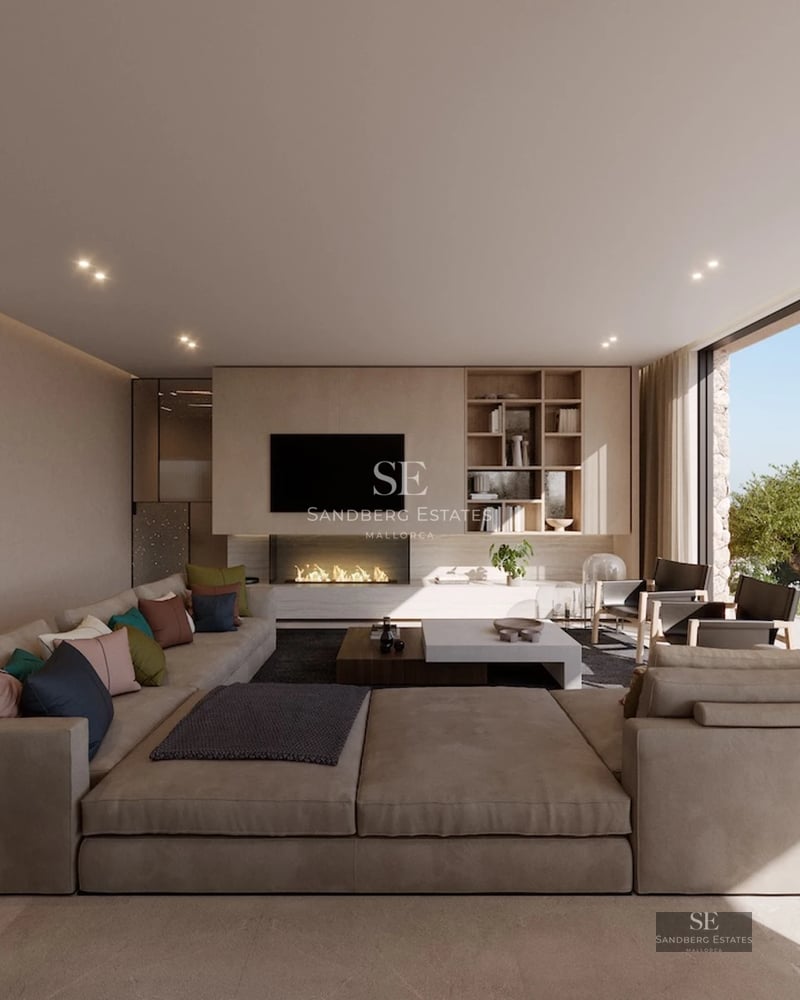 Exterior view of a modern villa with infinity pool. Large windows, terrace, and minimalist design. Lush garden.