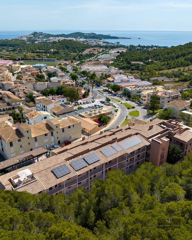 Drone view of a building with rooftop solar panels next to a forest, with the sea and a town in the background.