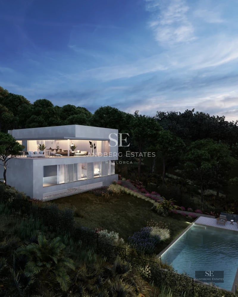 Exterior view of a modern villa with infinity pool, expansive terraces, lush gardens, and minimalist architecture.