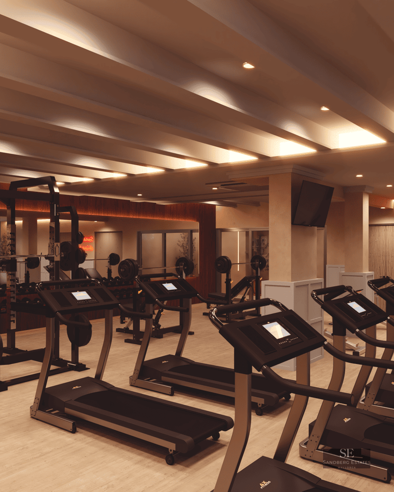 Salle de sport moderne avec tapis de course, poids et éclairage chaleureux avec un panneau néon.