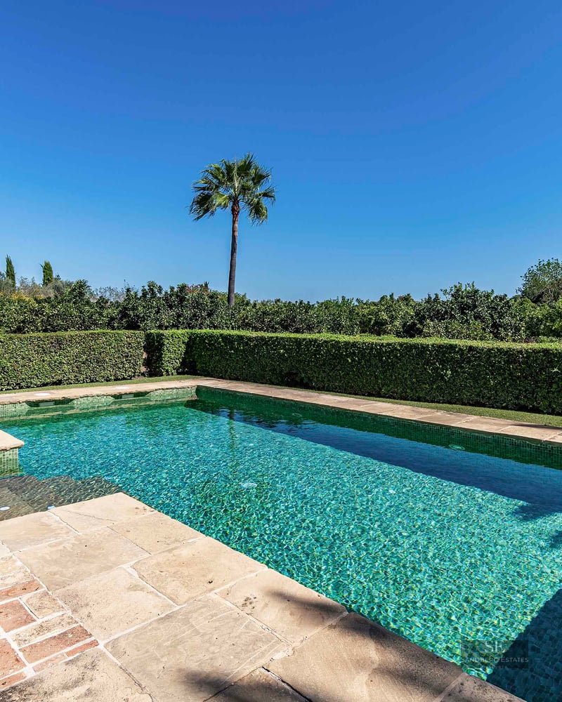A rectangular turquoise mosaic pool surrounded by stone decking and manicured green hedges under a clear blue sky.