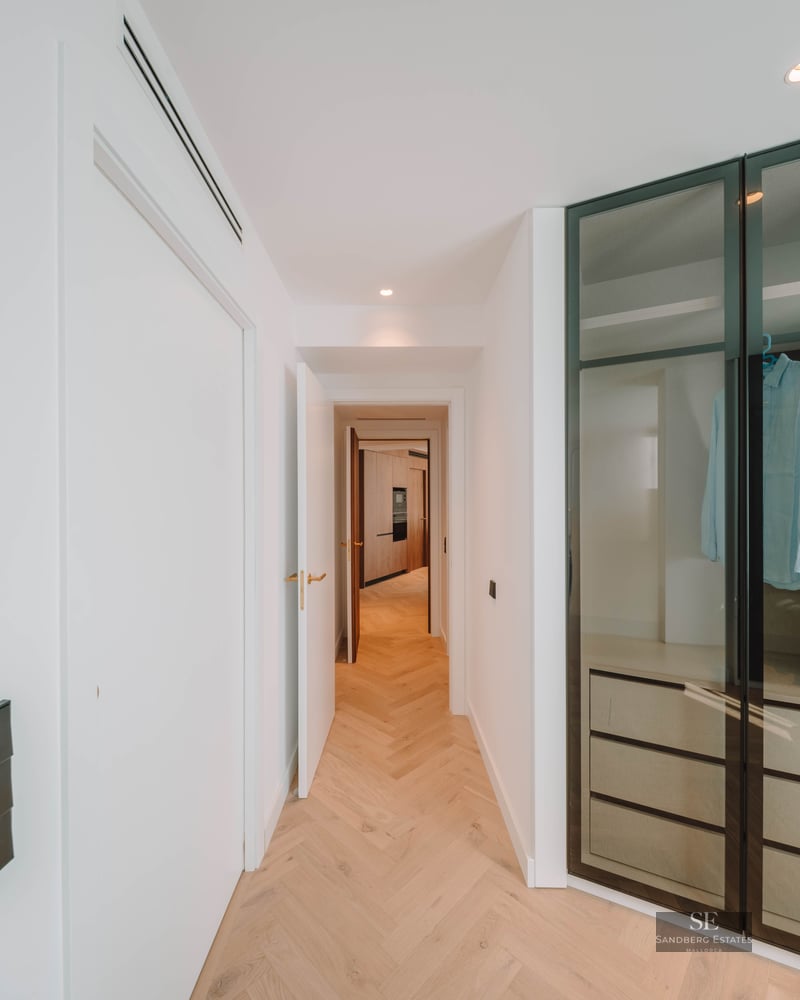 Modern hallway with herringbone wood flooring leading to a walk-in closet featuring glass doors and black frames.