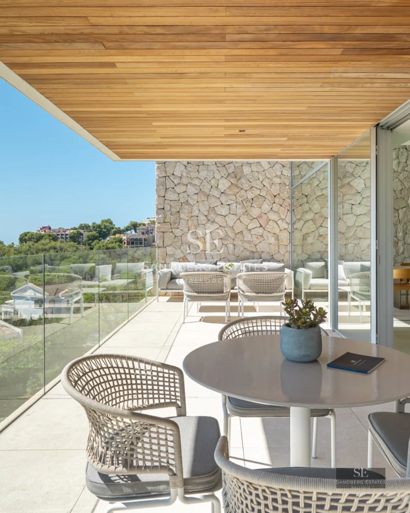 Spacious living room with window walls, designer sofas, and light carpet. Modern pendant lamp illuminates the space. Minimalist and elegant decor.